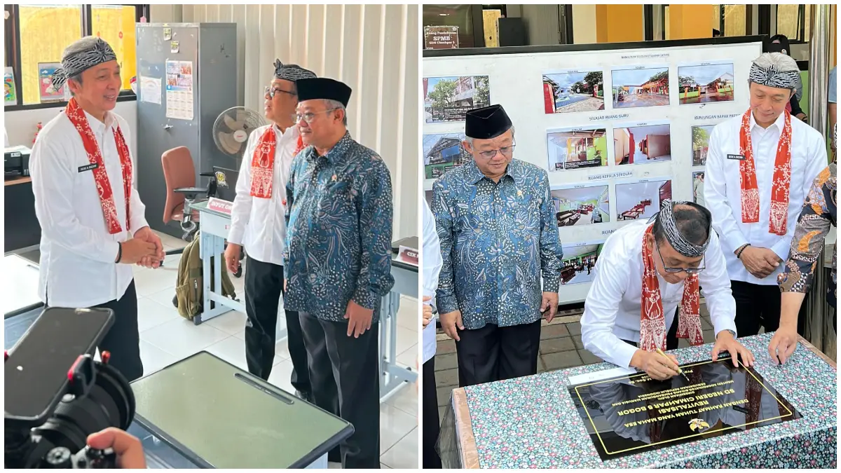 Menko PMK, Mendikdasmen dan Wali Kota Bogor saat meninjau revitalisasi SDN Cimahpar 5. (Foto : Fauzan/Radar Bogor)
