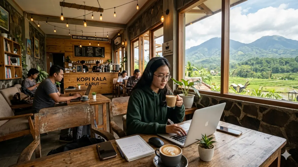 Ilustrasi cafe di Garut yang cocok untuk WFC. (Foto: Gemini AI)