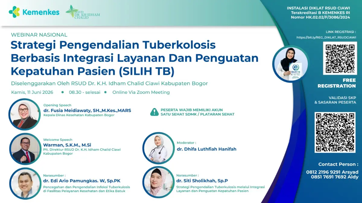 Flyer webinar RSUD DR KH Idham Chalid Ciawi tentang strategi pengendalian Tuberkolosis berbasis integrasi layanan dan penguatan kepatuhan pasien. Foto: Dok Pribadi.