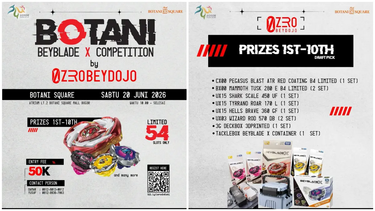 Poster Botani Beyblade X Competition yang akan digelar di Atrium Lantai 2 Botani Square Bogor pada 20 Juni 2026. (Foto: Instagram @zerobeydojo)