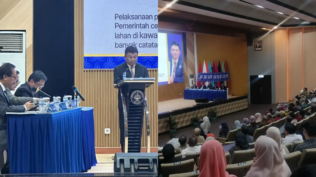 Fredian Tonny Nasdian saat menyampaikan disertasinya berjudul Komunitas Pertanian Pangan Berkelanjutan di Merauke: Penetrasi Neoliberal dalam Transformasi Tata Kelola Lokal di Auditorium Andi Hakim Nasution, Kampus IPB Dramaga, Bogor, pada Senin, 15 Juni 2026. (Dok. IPB)
