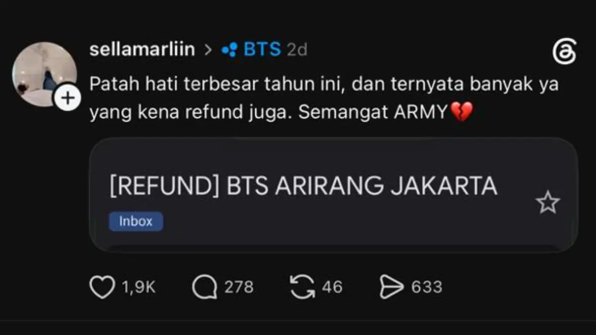 Salah satu unggahan warganet di Thread yang membagikan pengembalian uang tiket konser BTS ARIRANG Jakarta. Foto: Thread