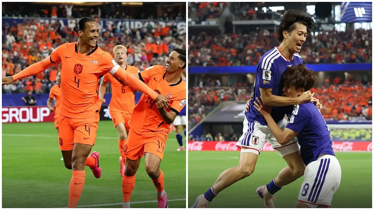 Selebrasi pemain Belanda dan Jepang usai mencetak gol pada laga Grup F Piala Dunia 2026.