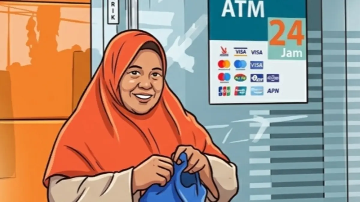 Ilustrasi KPM bansos tarik saldo bantuan di ATM. (YouTube Kemensos RI/Diolah oleh Gemini AI) 