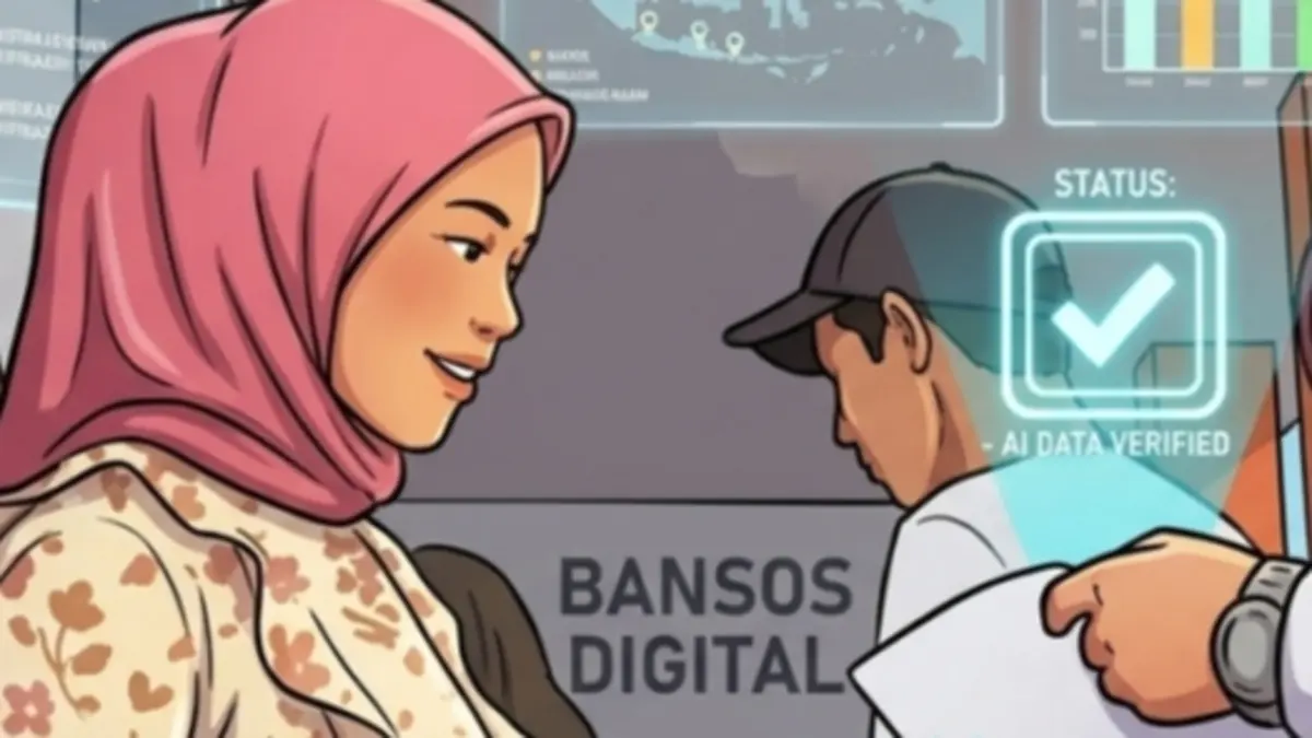 Ilustrasi percobaan bansos digital dengan verifikasi wajah KPM. (YouTube Kemensos RI/Diolah oleh Gemini AI)