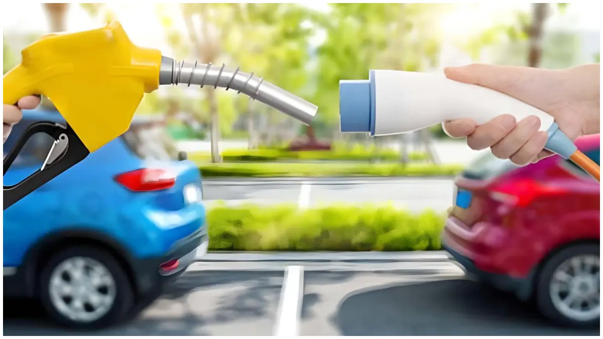 Ilustrasi mobil listrik vs mobil bensin