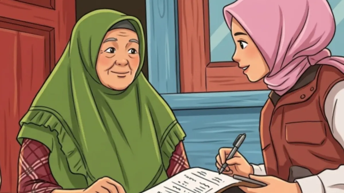 Ilustrasi transaksi bansos oleh petugas ke KPM. (YouTube Kemensos RI/Diolah oleh Gemini AI) 