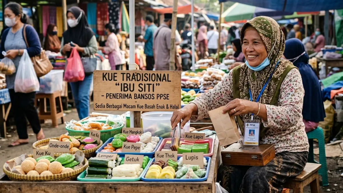Ilustrasi penerima bansos PPSE berjualan kue tradisional. (Foto: Gemini AI)
