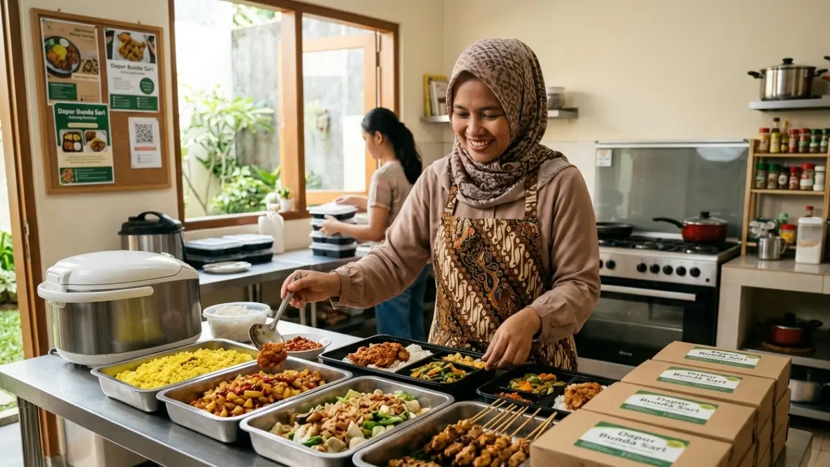 Ilustrasi ibu rumah tangga membuka usaha catering. (Foto: Gemini AI)