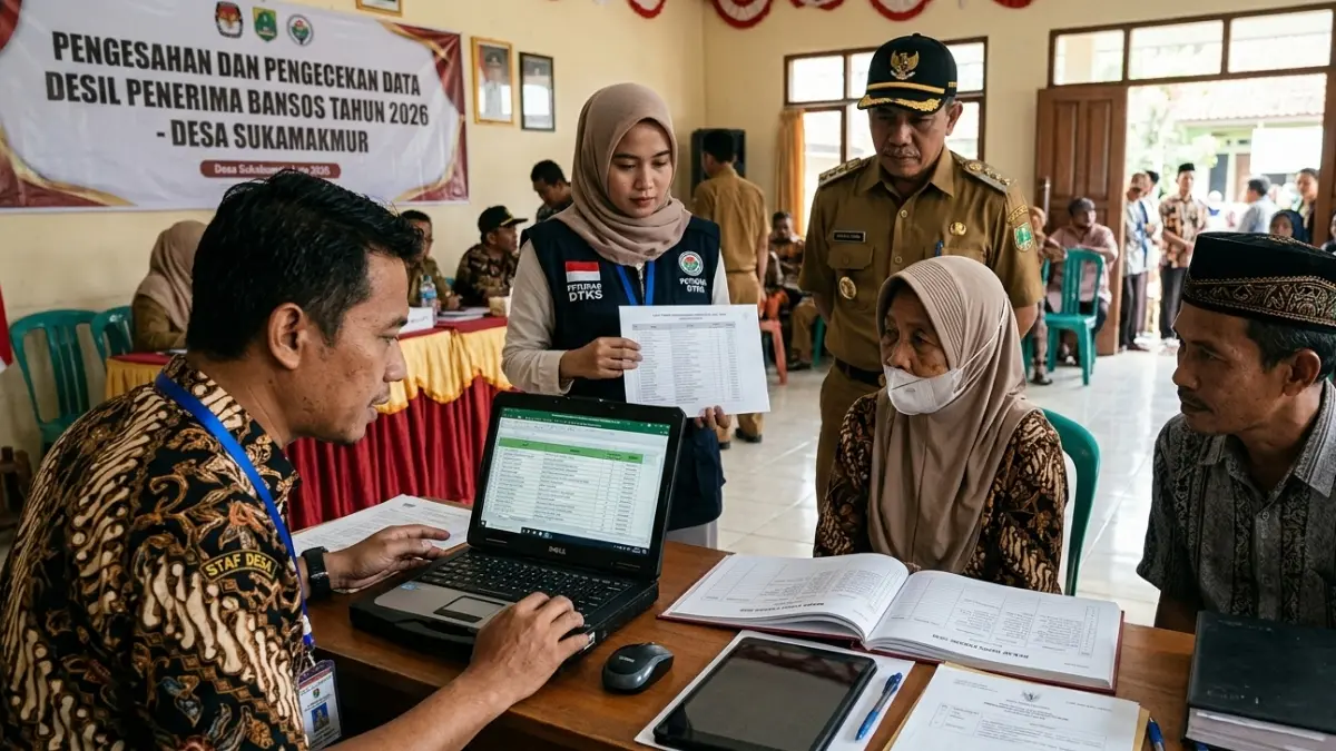 Ilustrasi pengecekan desil penerima bansos di kantor desa. (Foto: Gemini AI)