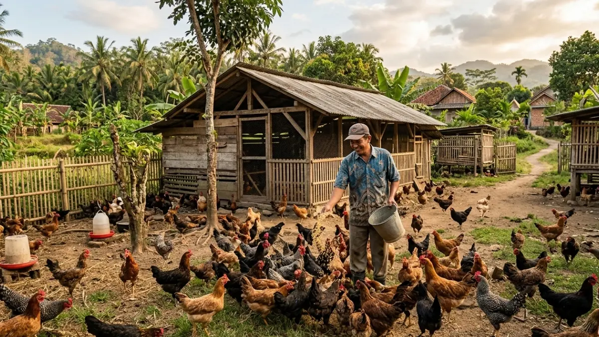 Ilustrasi usaha ternak ayam kampung di desa. (Foto: Gemini AI)