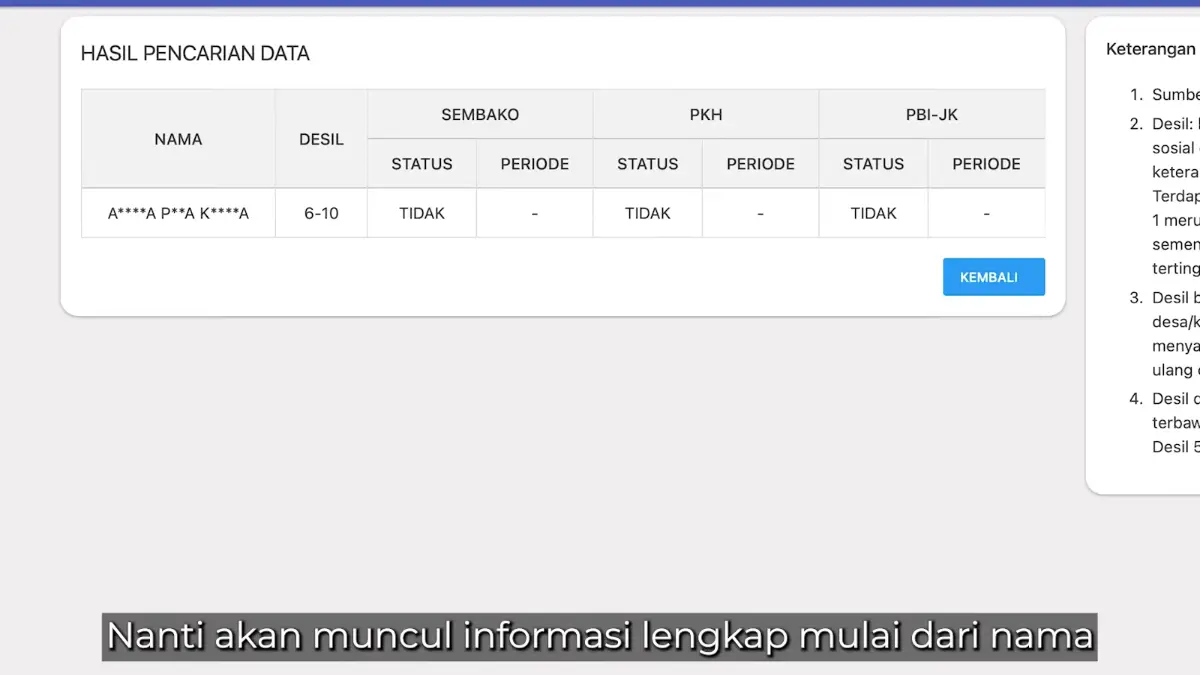 Status kepesertaan masyarakat yang tidak menerima bansos. (Foto: YouTube Kemensos RI)