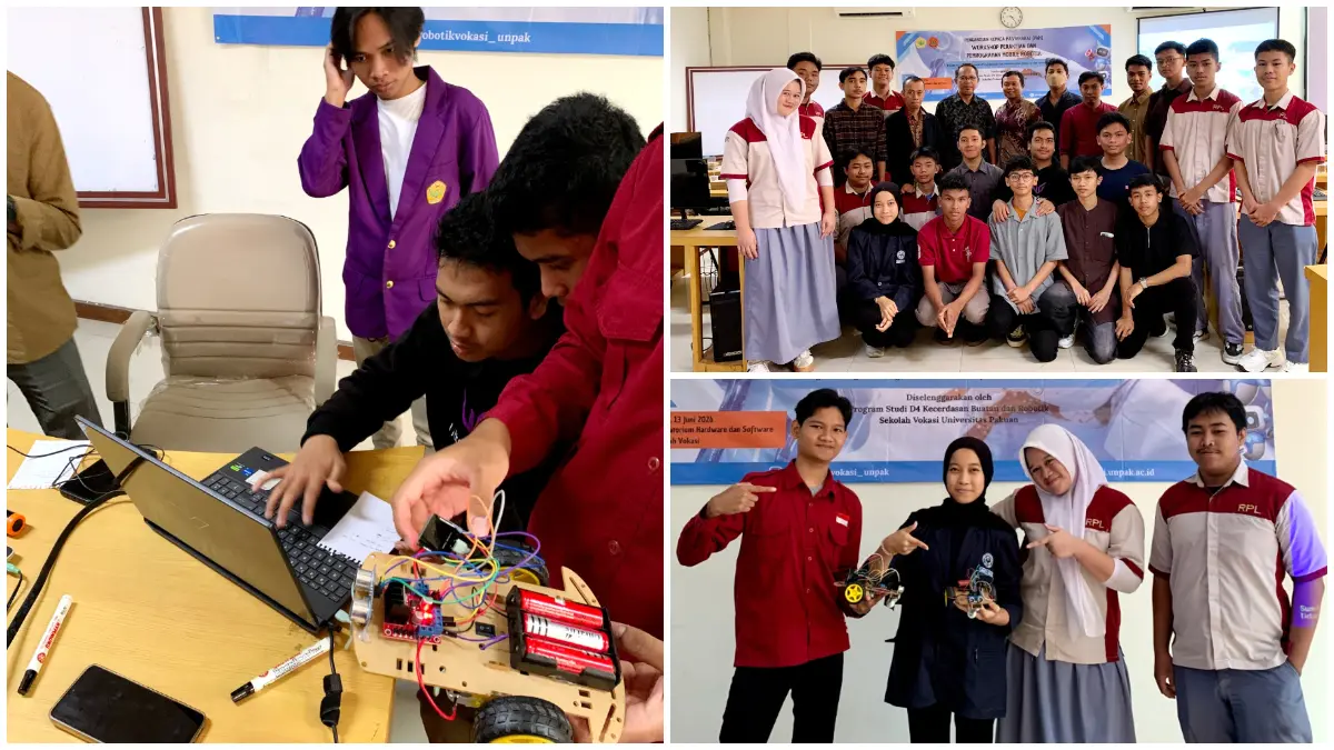 Workshop Perakitan dan Pemrograman Mobile Robotik yang digelar Sekolah Vokasi Unpak di SMK Bhakti Insaniserta SMK Pembangunan.