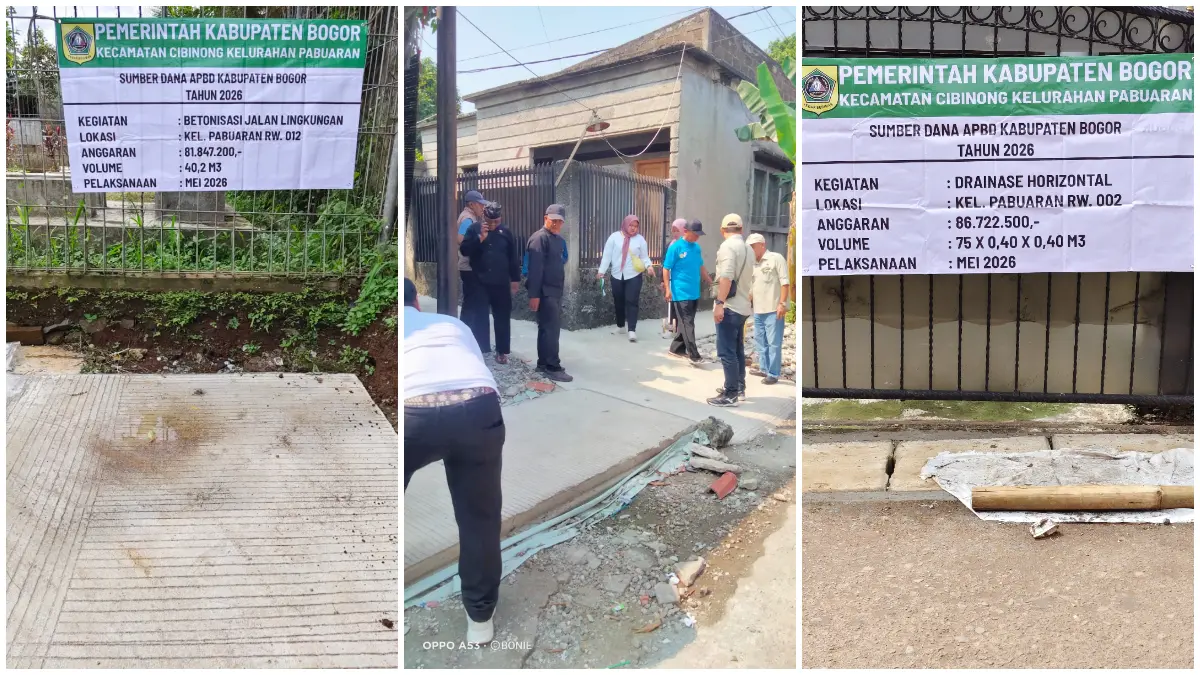 Pengecekan dan monitoring oleh pihak Kecamatan Cibinong terhadap pekerjaan betonisasi jalan lingkungan dan drainase di Pabuaran Bogor. 