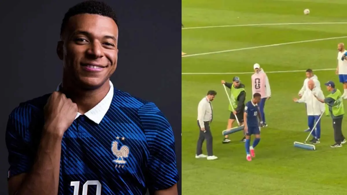 Aksi Kylian Mbappe beri instruksi saat lapangan tergenang air viral. (Foto ; IG @kylianmbappe dan Threads @mimbar.bola)