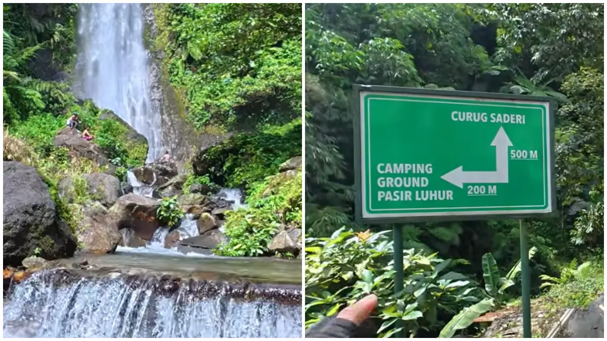 Suasana Curug Saderi dan Peta menuju curug lainnya dengan lokasi wahana yang berbeda. (Foto : YouTube @bangedhyompong)