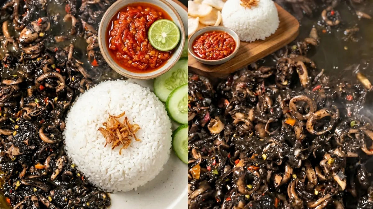 Cumi hitam di Warung Bu Warni Surabaya (Nasi Petis-Spesialis Cumi Hitam). (Foto: Instagram @warung.buwarni/diolah dengan Gemini AI)