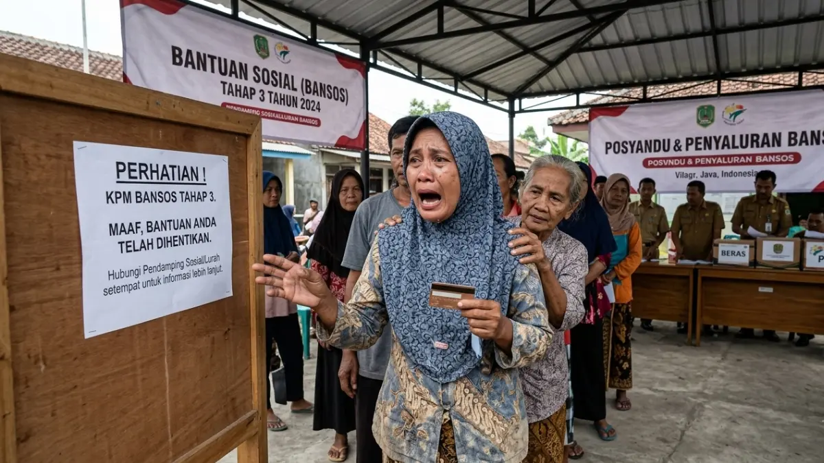 Ilustrasi KPM bansos tahap tiga yang bantuannya dihentikan. (Foto: Gemini AI)