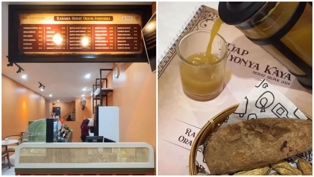 Pilihan jamu dan suasana di Tjap Nyonya Kaya Bogor. (Foto: Instagram @mouleechelle)