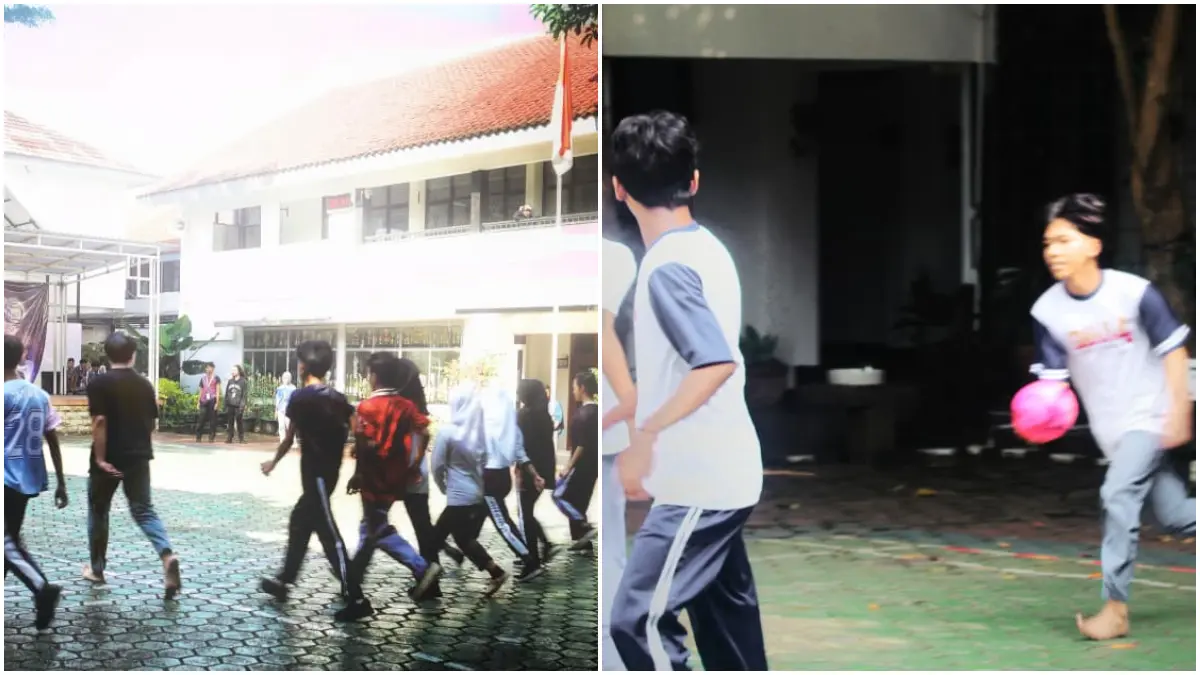 Para siswa saat memainkan jenis Kaulinan Tradisional Sunda, Cing Cicing (kiri) dan bola beracun (kanan) sebagai bagian kegiatan Classmeeting di SMAN 4 Bogor. (Dok. SMAN 4 Bogor)