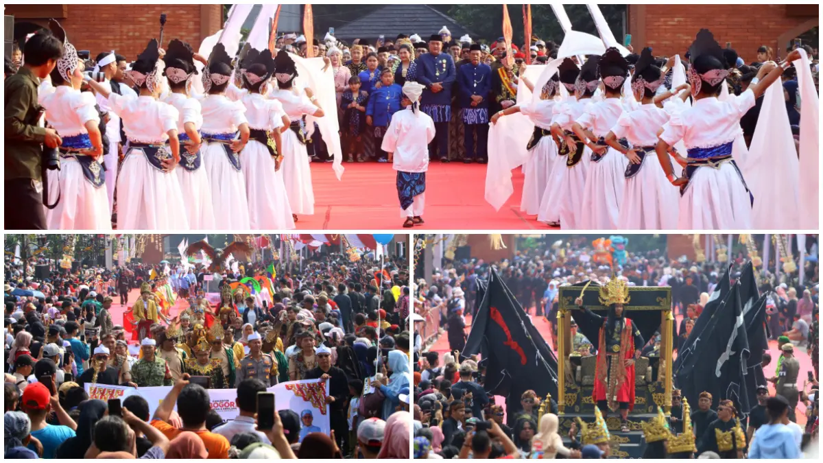 Sebanyak 40 kecamatan se-Kabupaten Bogor memeriahkan Helaran Hari Jadi Bogor ke-544 di area Alun - Alun Kabupaten Bogor, Cibinong Minggu 28 Juni 2026. (Foto : Hendi Novian / Radar Bogor)