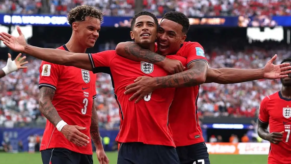 Selebrasi pemain Timnas Inggris usai menjebol gawang Panama pada laga terakhir Grup L Piala Dunia 2026.