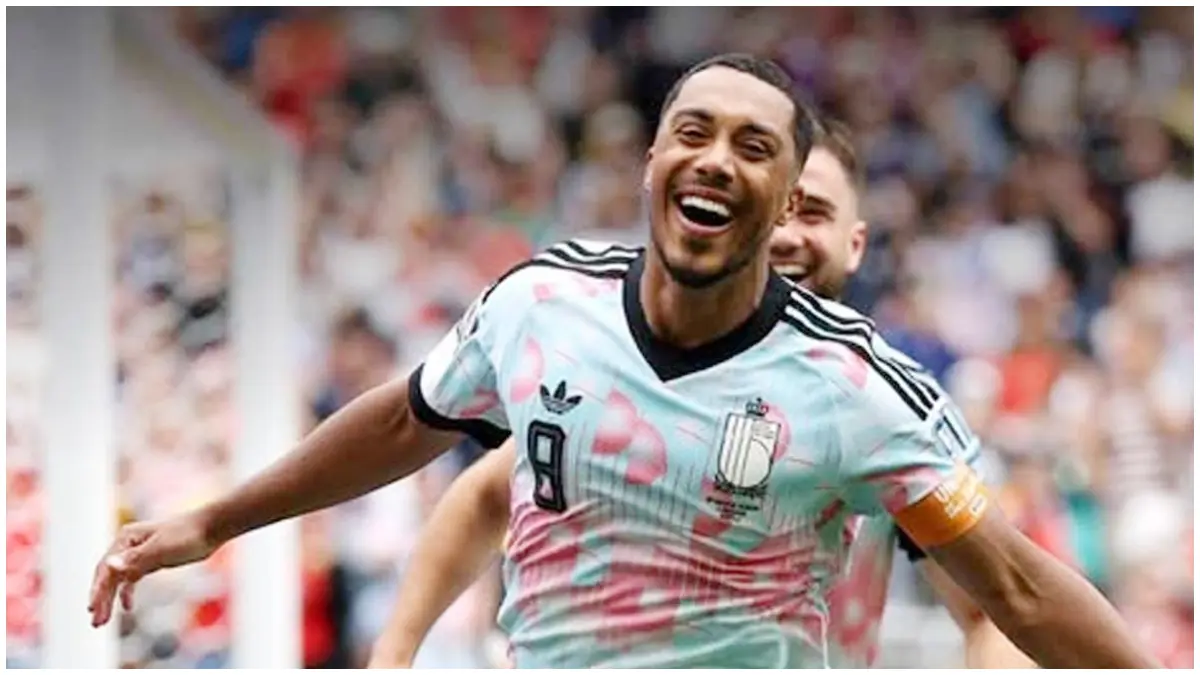 Selebrasi pemain Belgia usai mencetak gol ke gawang Senegal.