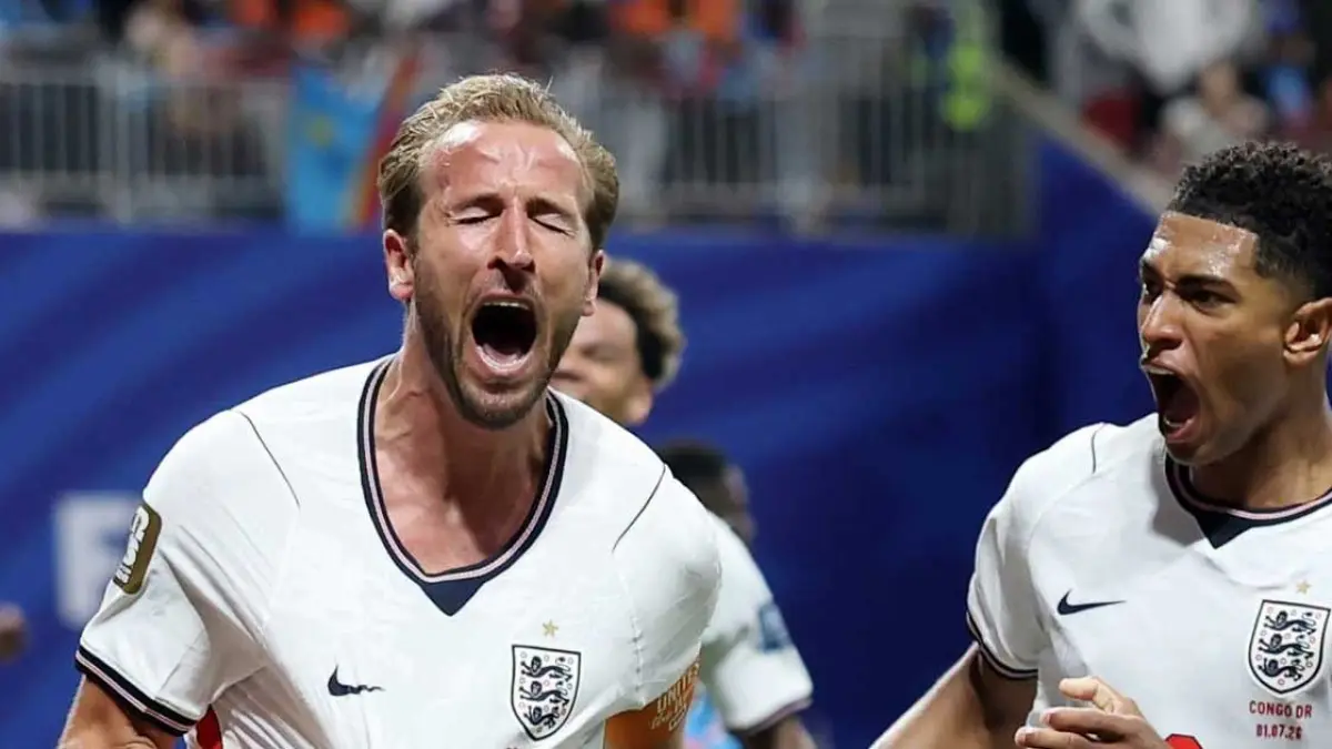 Selebrasi Stirker Timnas Inggris Harry Kane usai menjebol gawang Kongo pada babak 32 besar Piala Dunia 2026.