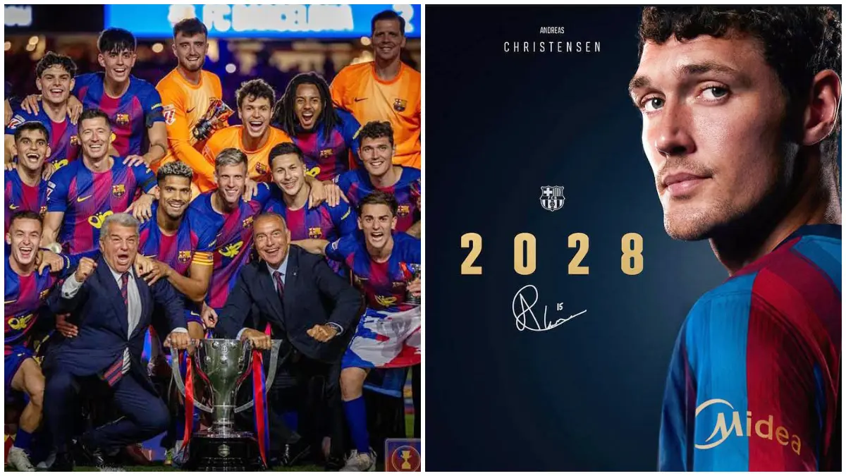 Perpanjangan kontrak Andreas di Barcelona hingga 2028 dan suasana kemenangan Club Catalan. (Foto: @fcbarcelona dan @andreaschristensen3)