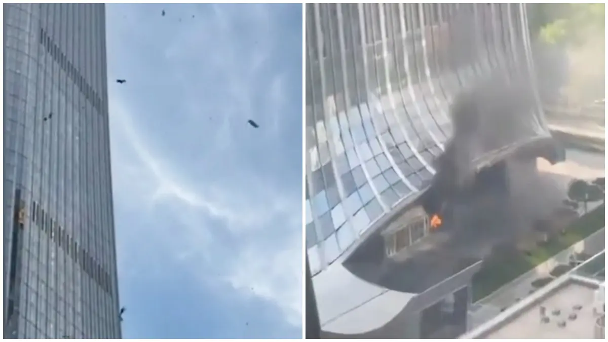 Puing-puing jatuh setelah pesawat ringan menabrak gedung tertinggi beijing, Menara CITIC. (Foto : BBC News, dan Getty Image)