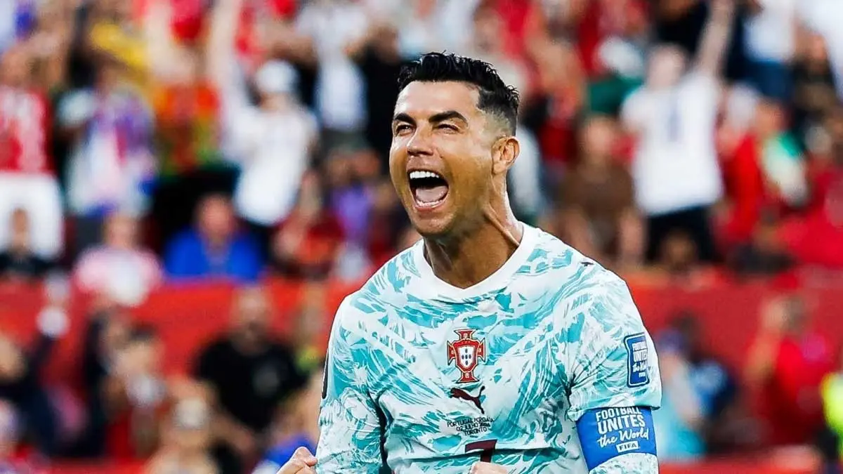 Selebrasi Bintang Portugal Cristiano Ronaldo usai mencetak gol ke gawang Kroasia.