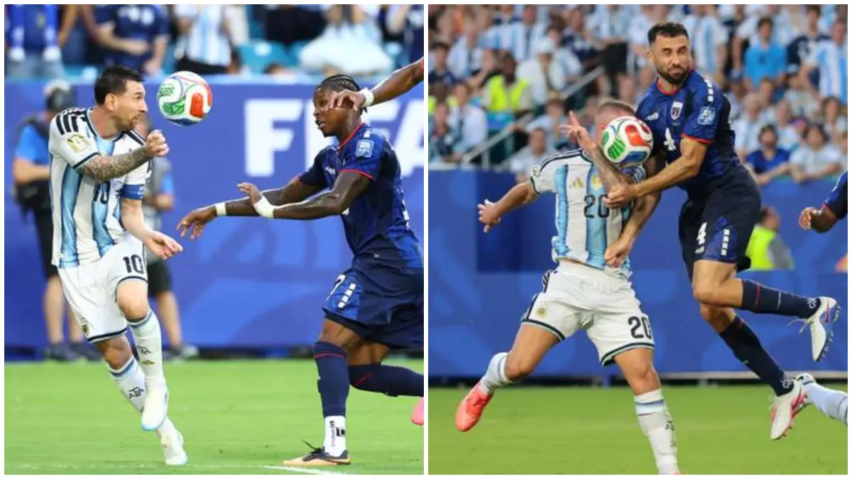 Perebutan bola antara pemain Argentina dan Cape Verde pada babak 32 besar Piala Dunia 2026