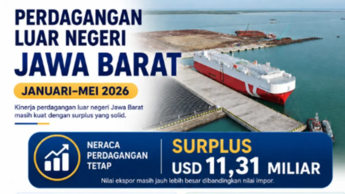 Nilai ekspor Jawa Barat lebih tinggi dibanding impor dan menghasilkan surplus neraca perdagangan sebesar USD 11,31 miliar. (Instagram @birobiajabar)
