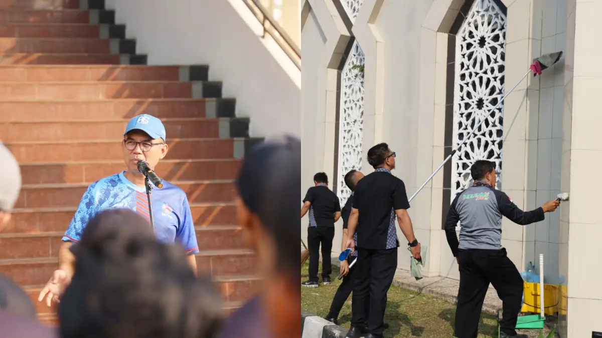 Sekretaris Daerah (Sekda) Kabupaten Bogor, Ajat Rochmat Jatnika memimpin aksi bersih-bersih di lingkungan komplek Pemkab Bogor. (Dok. Diskominfo Kabupaten Bogor)