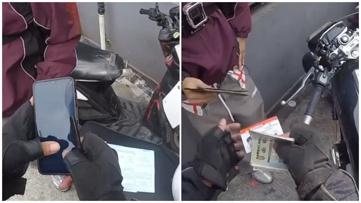 Tangkapan layar video penilangan terhadap pengendara motor di Jalur Puncak Bogor.