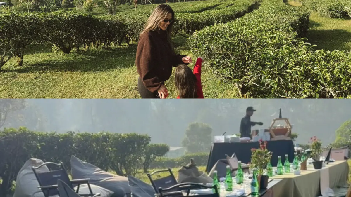 Raisa dan anaknya bermain dan sarapan di tengah hamparan kebun teh di Kawasan Puncak Bogor. Foto: Instagram