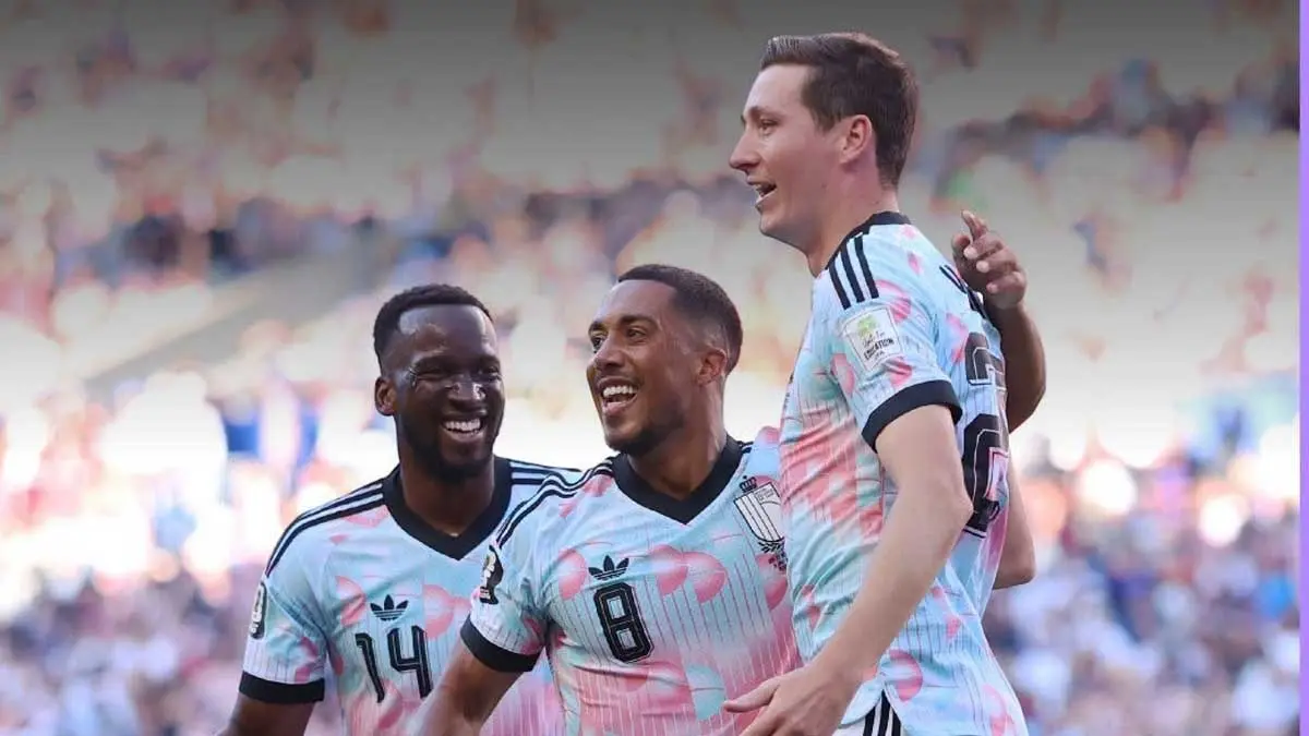 Selebrasi pemain Belgia usai mencetak gol ke gawang Amerika Serikat.