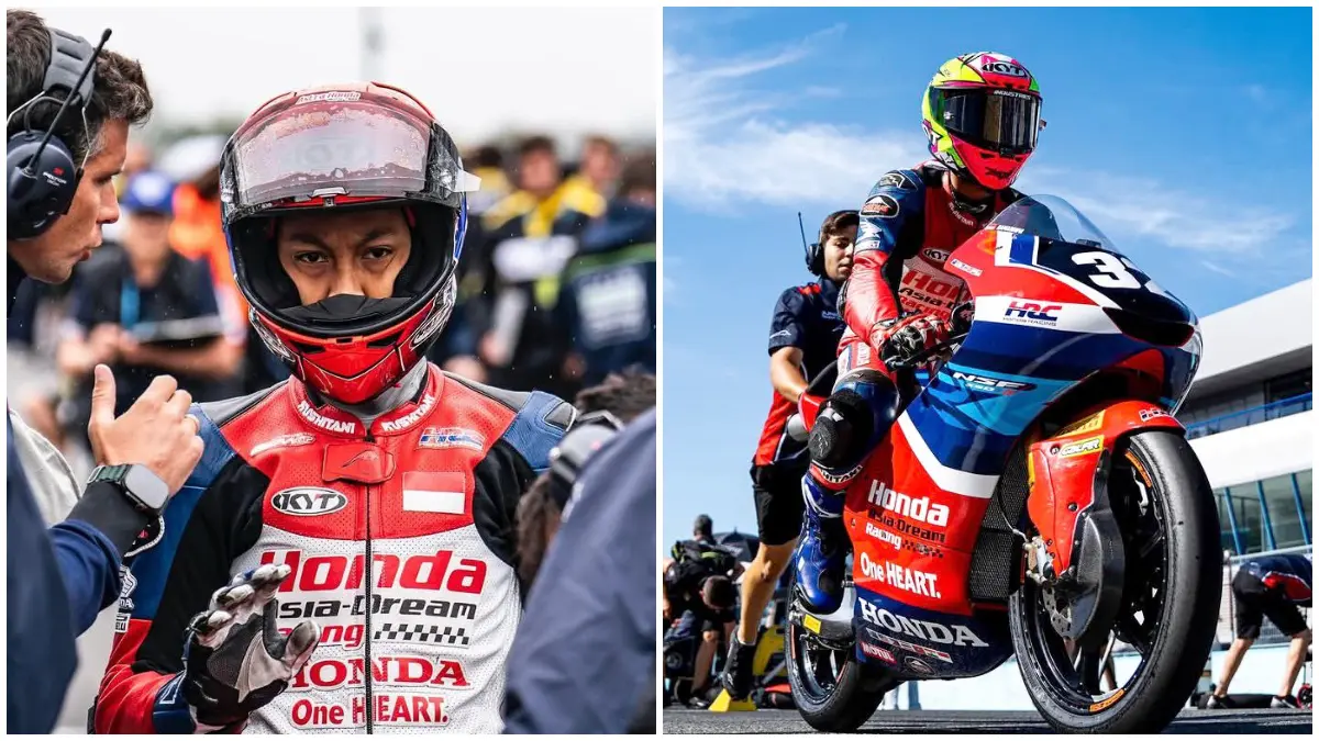 Aksi Kiandra Ramadhipa pada balapan FIM Moto3 di Sirkuit Jerez Spanyol. (Foto: Instagram @mk.ramadhipa212)