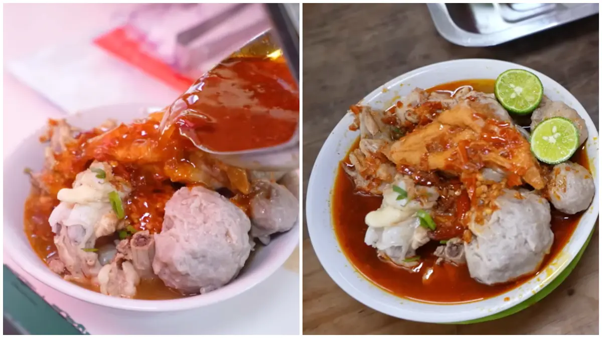 Menu Bakso Malang Voxy dengan sajian kuah mercon dan gurih. (Foto: Kanal Youtube @anakkuliner)