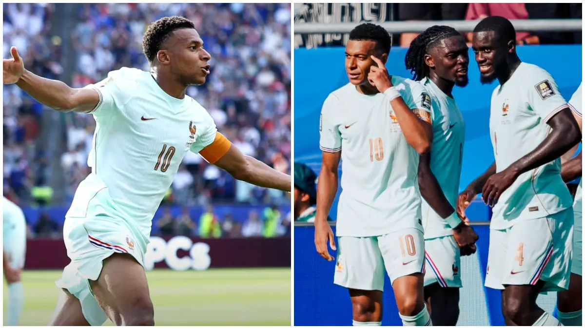 Selebrasi Pemain Prancis Kylian Mbappe saat mencetak gol ke gawang Maroko.