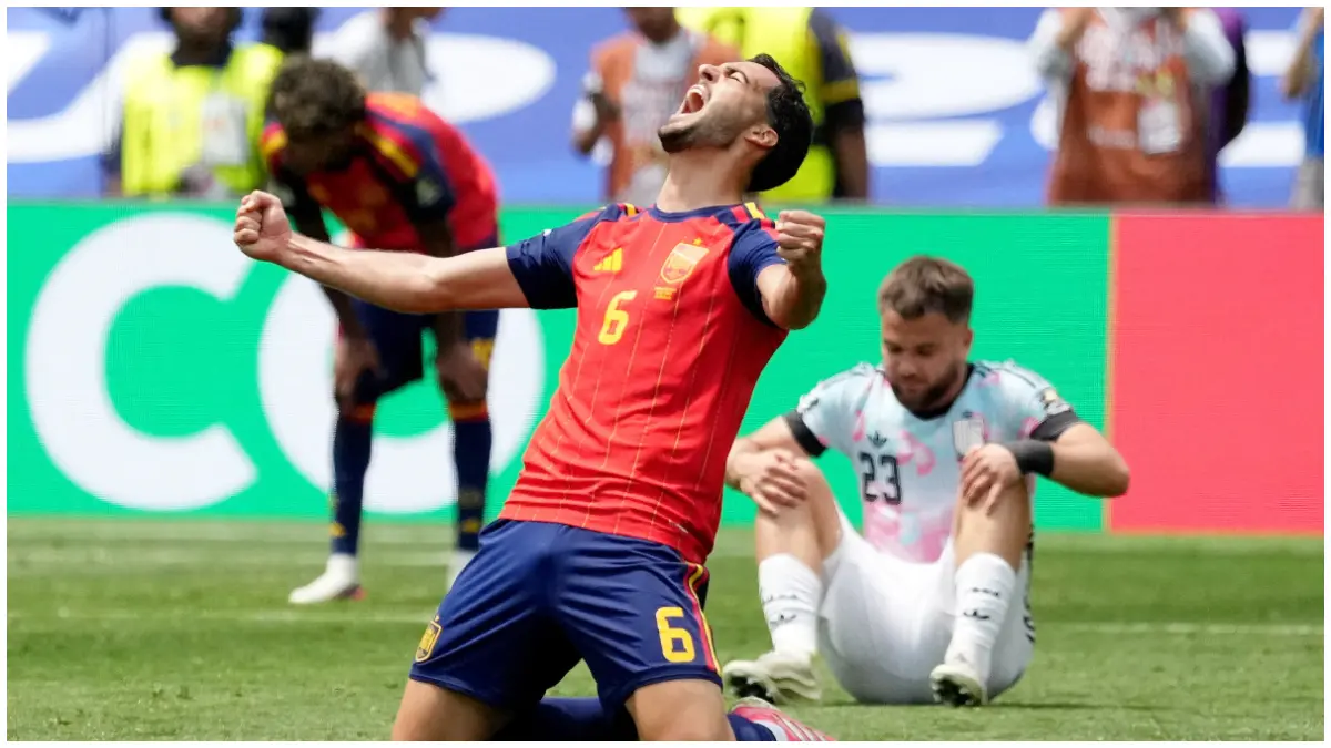 Selebrasi Alberto Merino usai mencetak gol kemenangan Spanyol atas Belgia di perempat final Piala Dunia 2026.