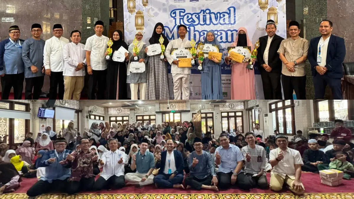 Wali Kota Bogor Dedie A. Rachim menyerahkan santunan kepada anak yatim pada Festival Muharam 1448 H di Masjid Alumni IPB. Festival menghadirkan Ustadz Koh Dennis Lim untuk mendekatkan dakwah kepada generasi muda. (Dok. Panitia)