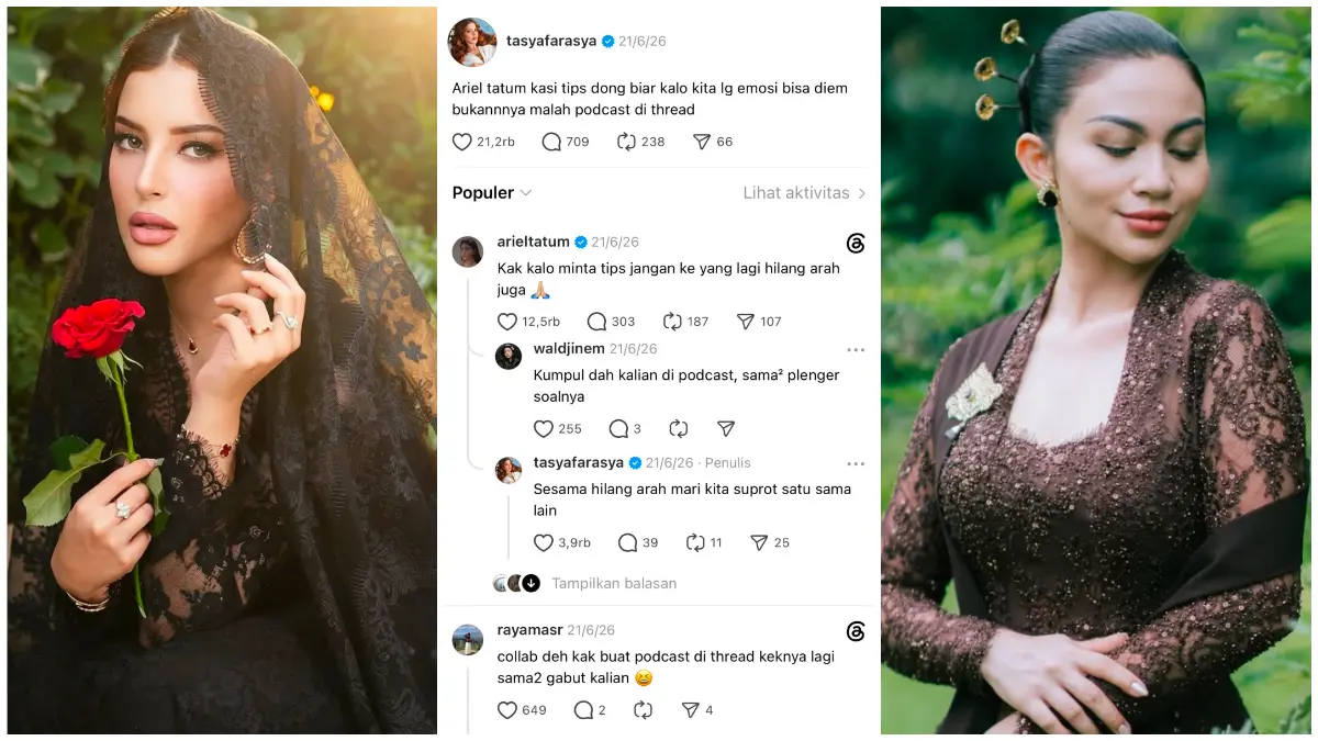 Percakapan santai Ariel Tatum dan Tasya Farasya di Threads yang sempat ramai Juni lalu kembali menjadi perbincangan warganet. (Foto : Threads @tasyafarasya dan @arieltatum unggahan 21 Juni 2026)