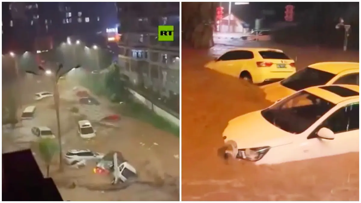 Banjir besar di China rendam jalanan, deretan mobil nyaris tenggelam. (Foto: Akun X @AbbasMalik95703)&nbsp;