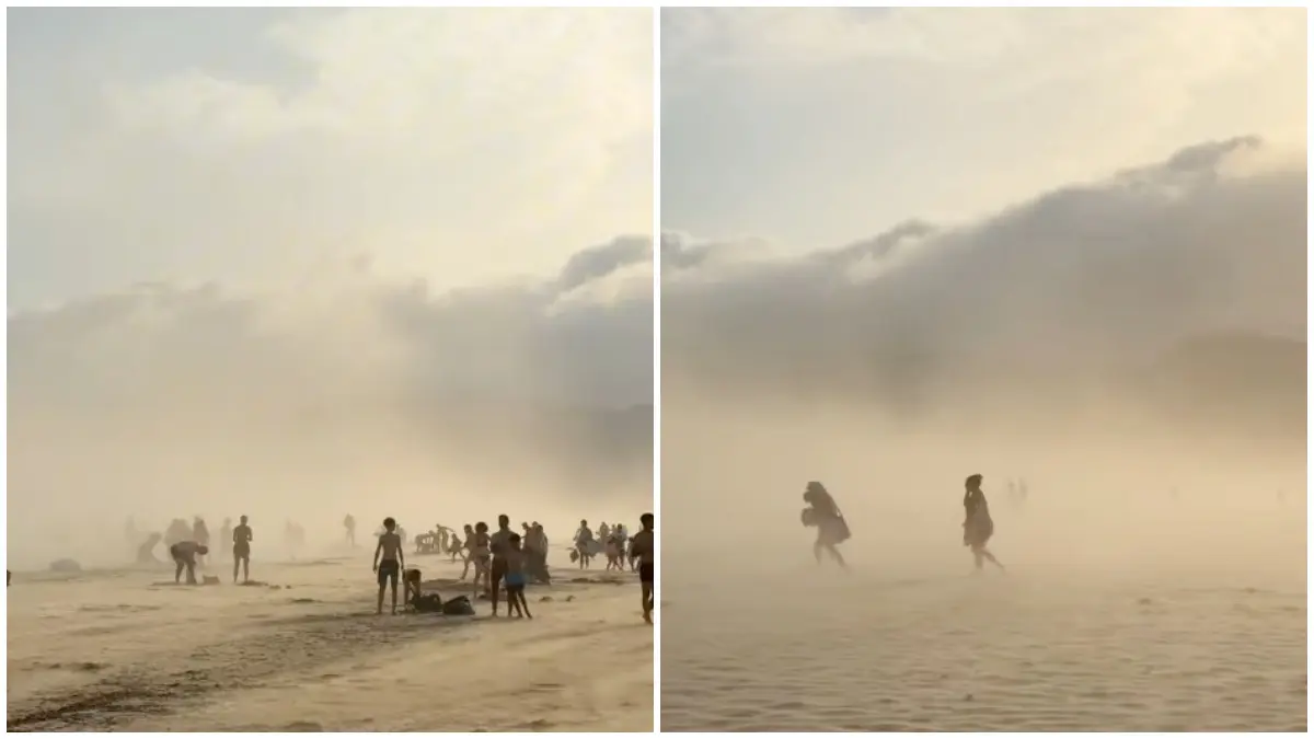 Awan roll cloud atau awan tsunami terlihat menyelimuti pesisir Basque, Prancis, memicu kepanikan pengunjung pantai.&nbsp;(Foto: Instagram @marcourrutia1)&nbsp;