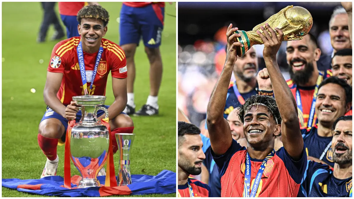 Lamine Yamal saat memenangkan Euro 2024 dan Piala Dunia 2026 bersama Timnas Spanyol.