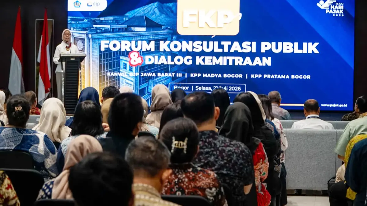 Forum Konsultasi Publik dan Dialog Kemitraan yang digelar Kantor Wilayah (Kanwil) Direktorat Jenderal Pajak (DJP) Jawa Barat III di Aula Kujang Cakra Buana, Bogor, Selasa 21 Juli 2026. (Aziz/Radar Bogor)