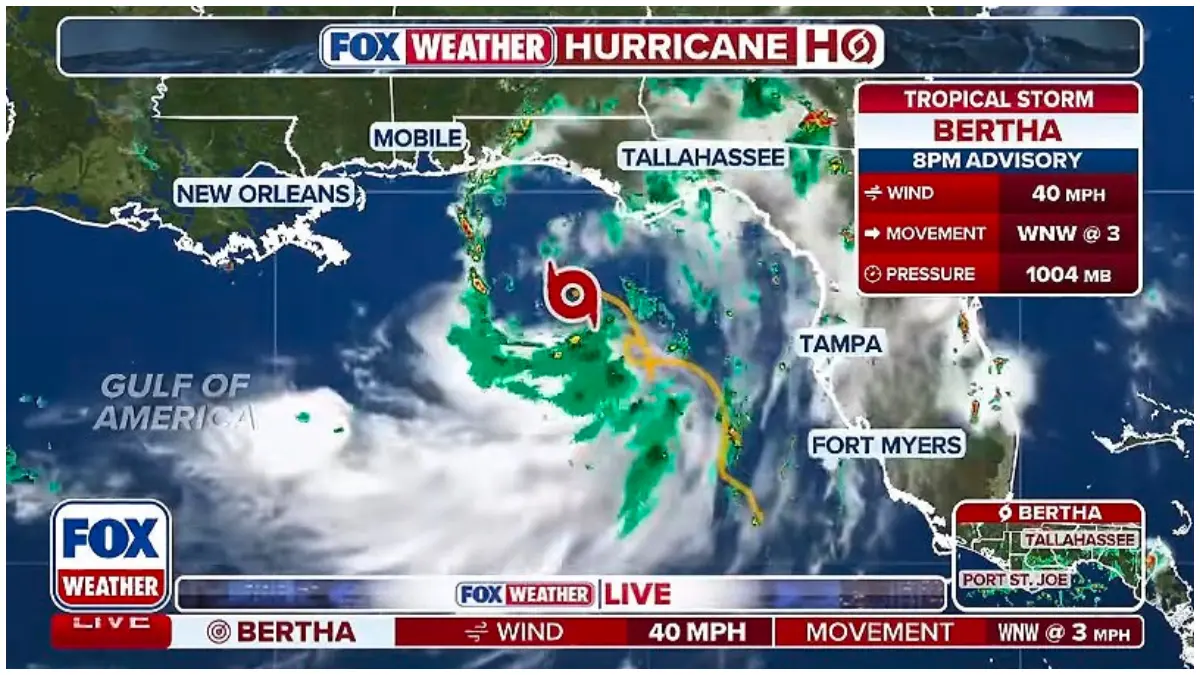 Ancaman badai tropis bertha dan tampilan perkembangan dari satelit. (Foto: TikTok @foxweather dan Instagram @nwsnhc_hurricanes)