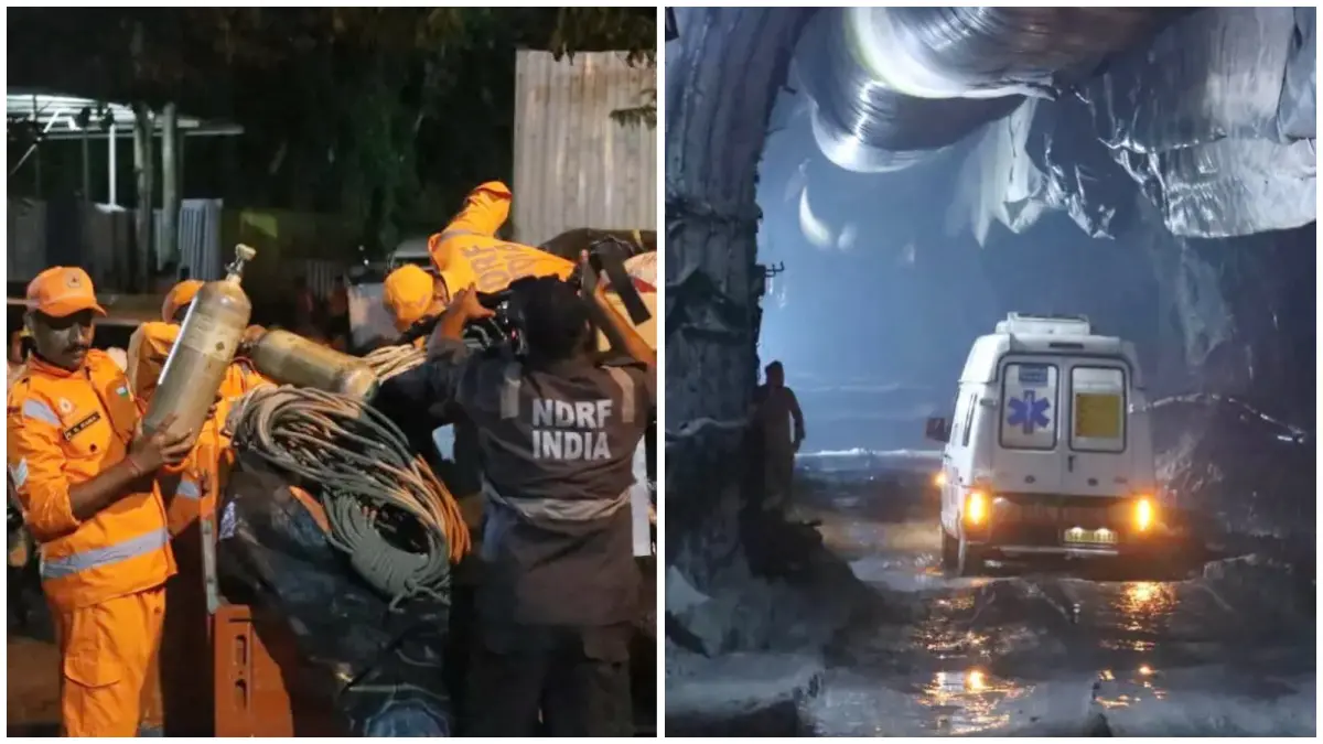Terowongan yang runtuh dan proses evakuasi dari pasukan tanggap bencana nasional India. (Foto : TikTok @arabnews dan @9news)