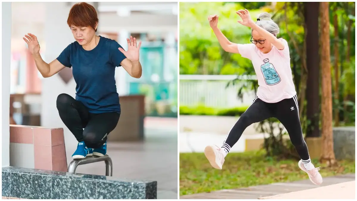 Beberapa orang lansia berlatih saat mengikuti kelas parkour yang dimodifikasi agar aman dan sesuai kemampuan fisik. (Foto: Tangkapan Layar dari video akun Instagram @movement.sg_) 